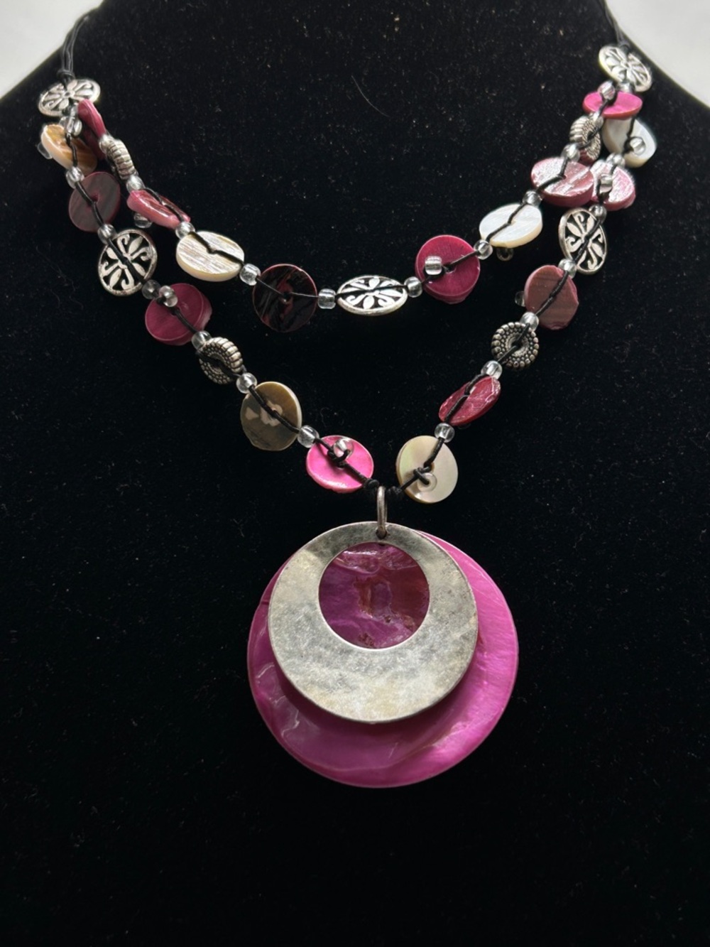 Coldwater Creek, Silver, Black, Pink Mother Of Pearl Double Strand Necklace